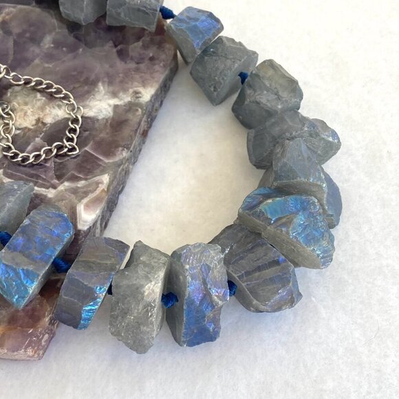 Sterling Silver 925 Chunky Knotted Titanium Coated Blue Quartz Necklace 18"-21" - Picture 13 of 16